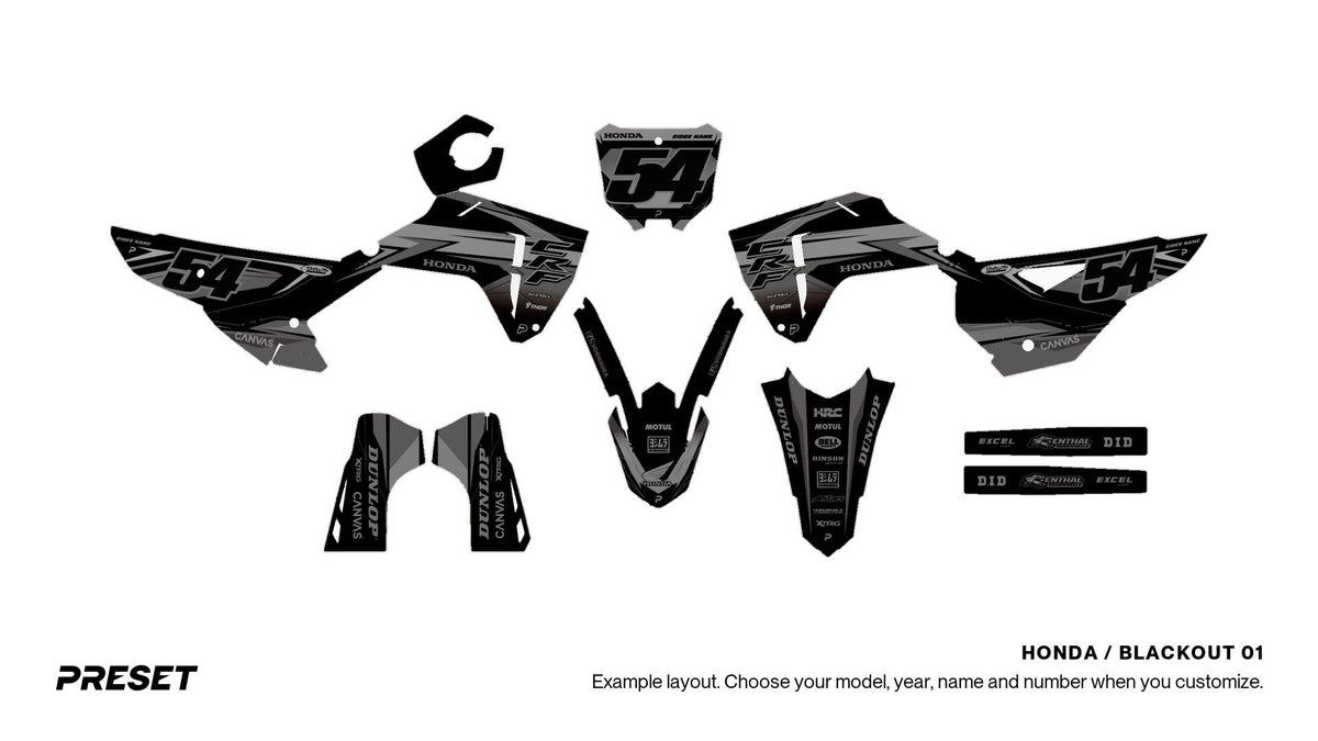 Preset Honda Blackout 01 dirt bike graphics laid out flat on the CRF450R layout