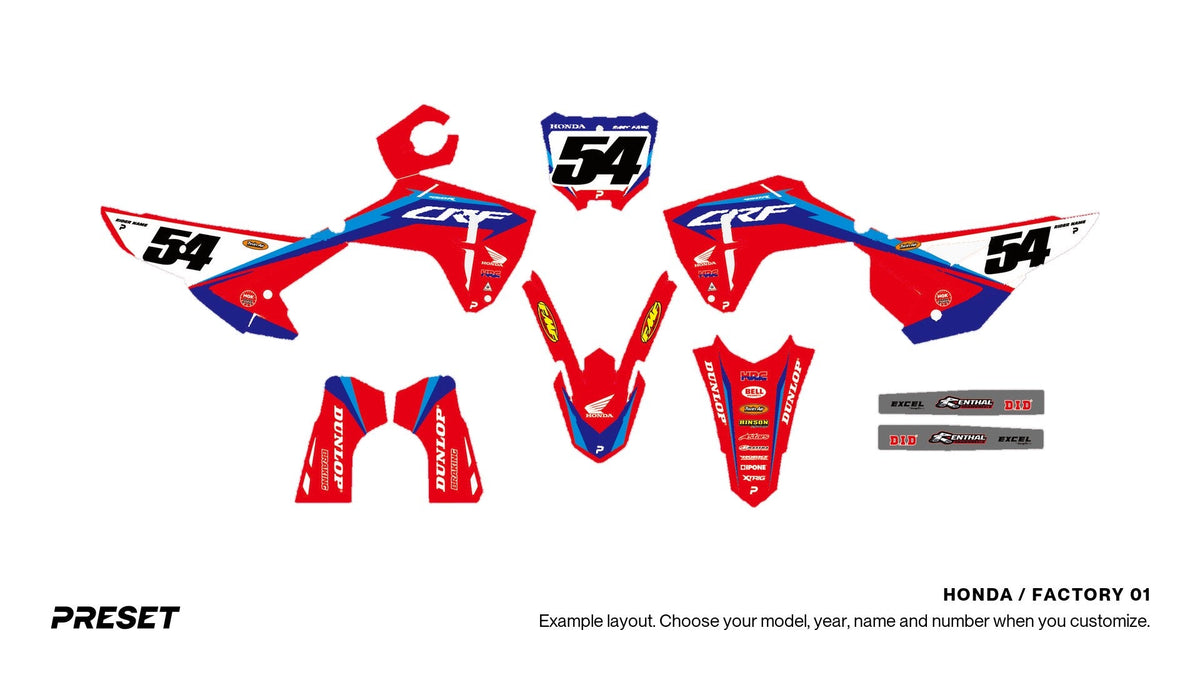 Preset Honda Factory 01 dirt bike graphics laid out flat on the CRF450R layout