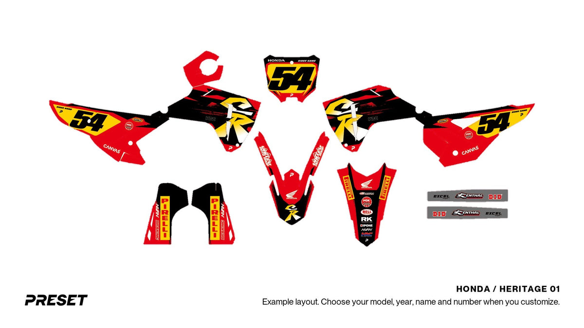 Preset Honda Heritage 01 dirt bike graphics laid out flat on the CRF450R layout