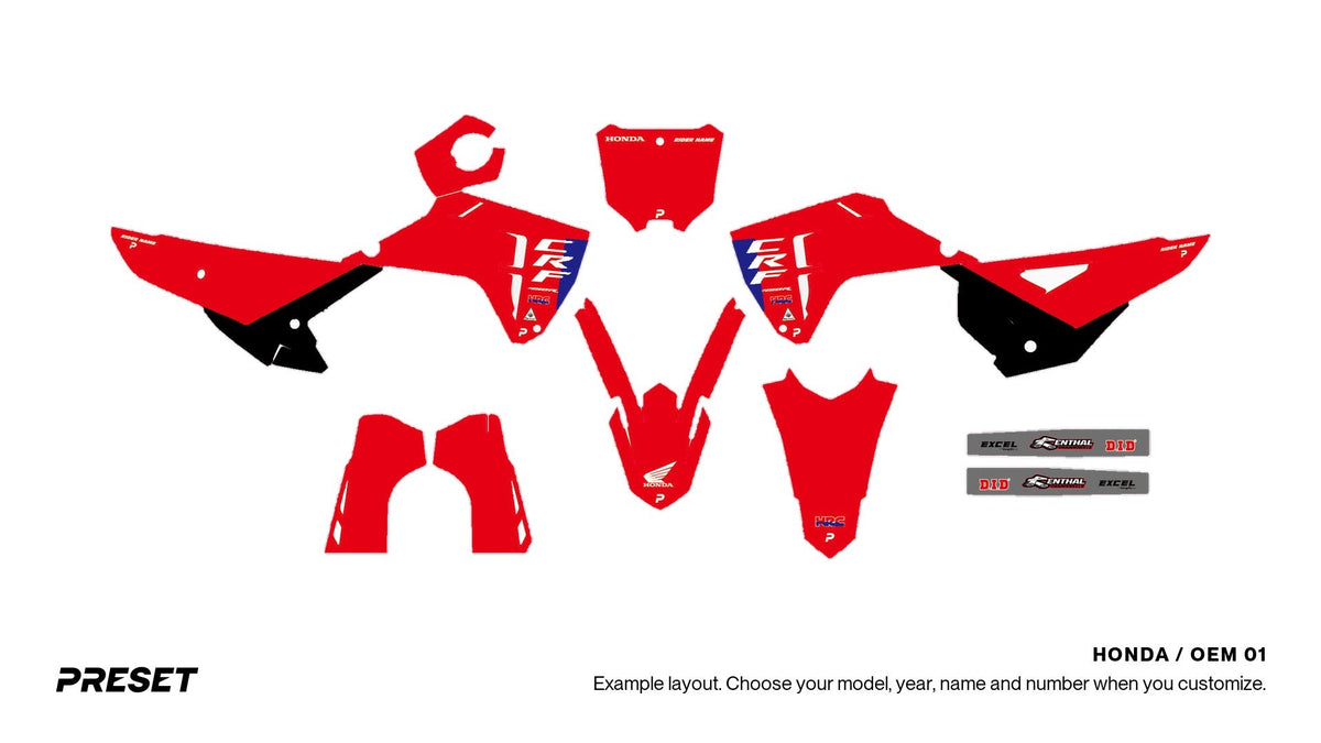 Preset Honda OEM 01 dirt bike graphics laid out flat on the CRF450R layout
