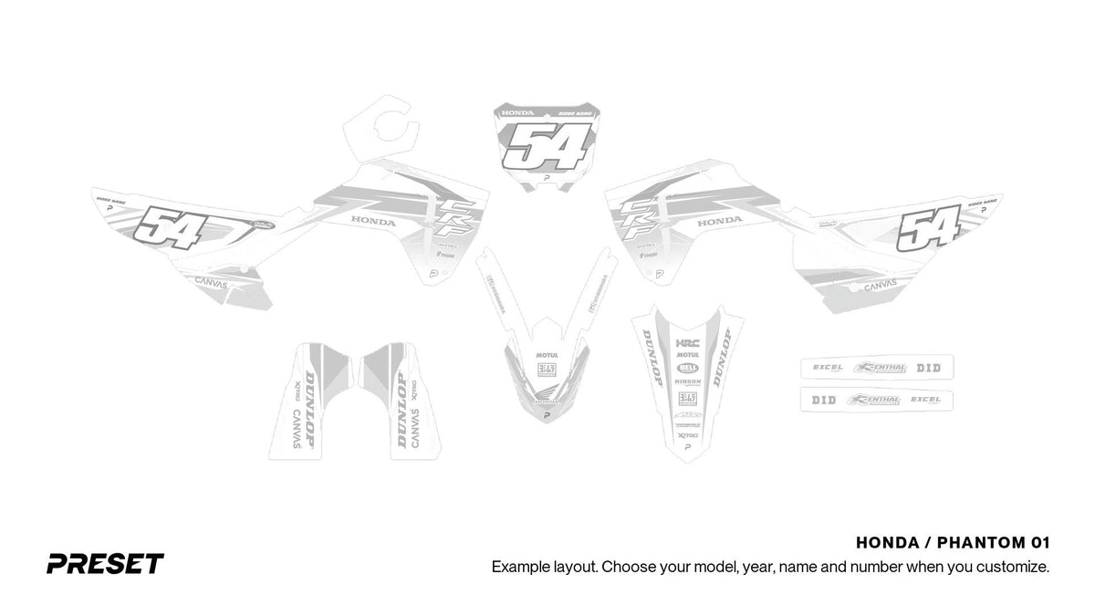 Preset Honda Phantom 01 dirt bike graphics laid out flat on the CRF450R layout
