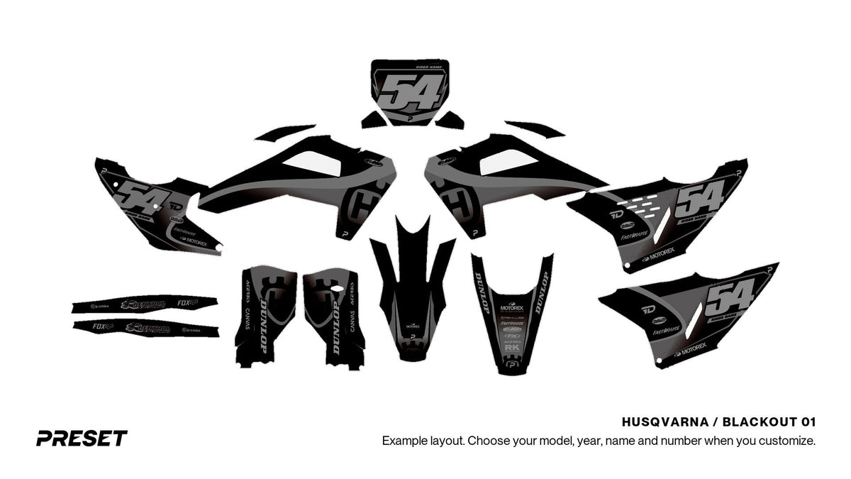Preset Husqvarna Blackout 01 dirt bike graphics laid out flat on the FC 450 layout