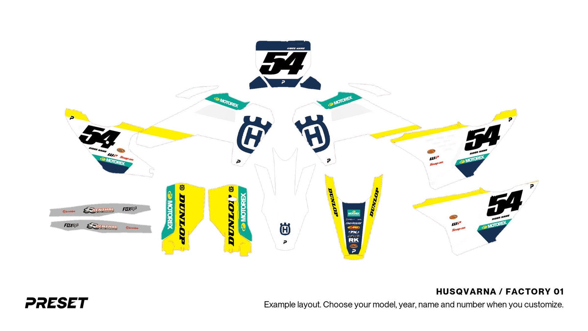 Preset Husqvarna Factory 01 dirt bike graphics laid out flat on the FC 450 layout