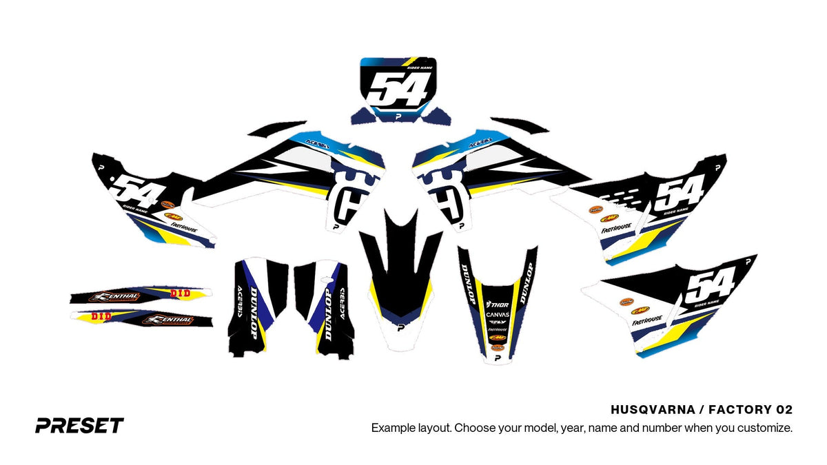 Preset Husqvarna Factory 02 dirt bike graphics laid out flat on the FC 450 layout
