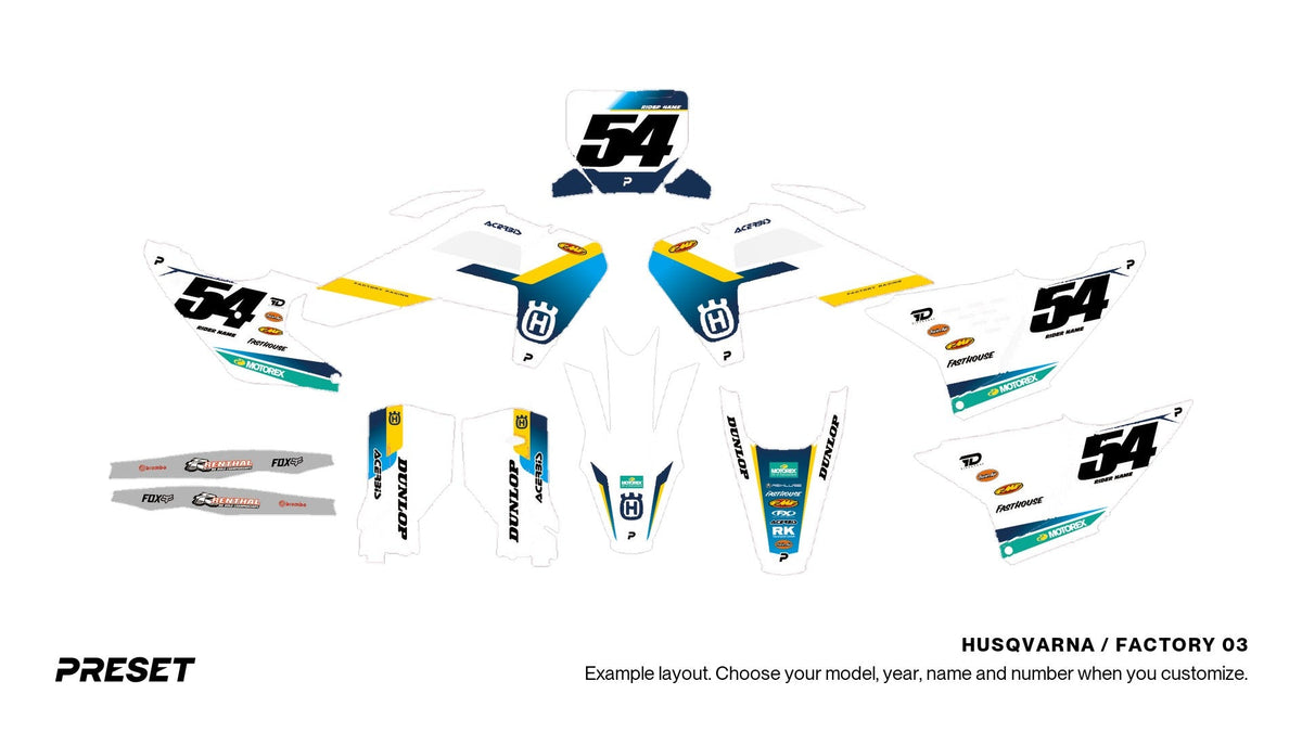 Preset Husqvarna Factory 03 dirt bike graphics laid out flat on the FC 450 layout