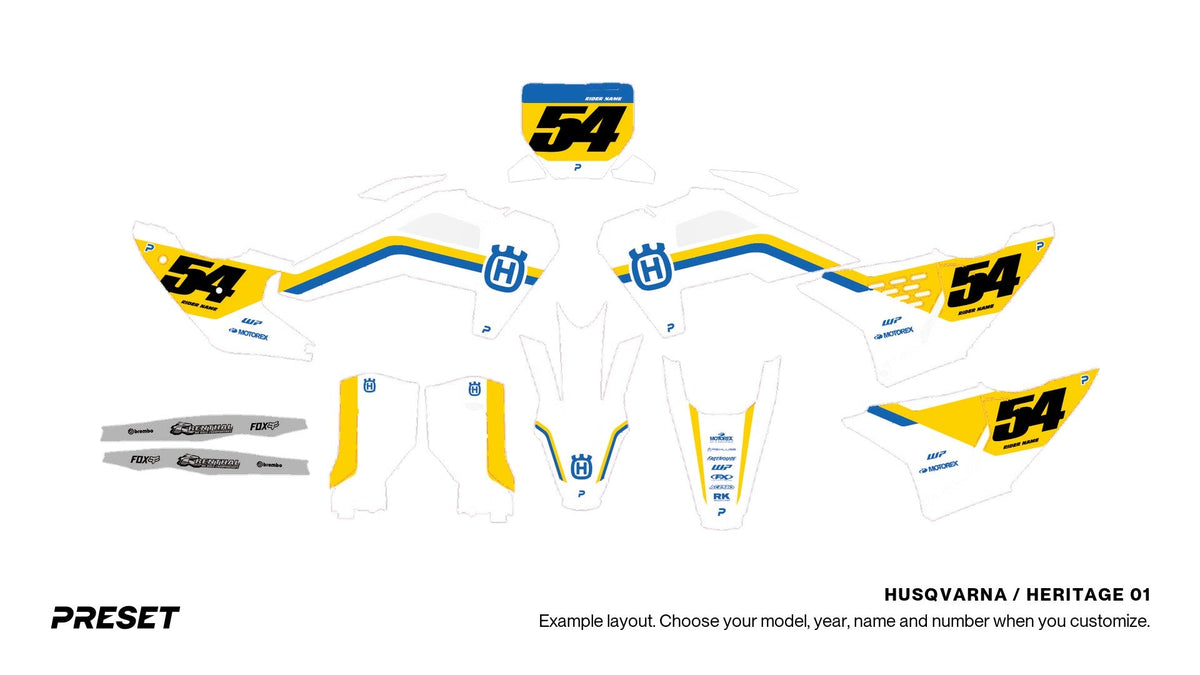 Preset Husqvarna Heritage 01 dirt bike graphics laid out flat on the FC 450 layout