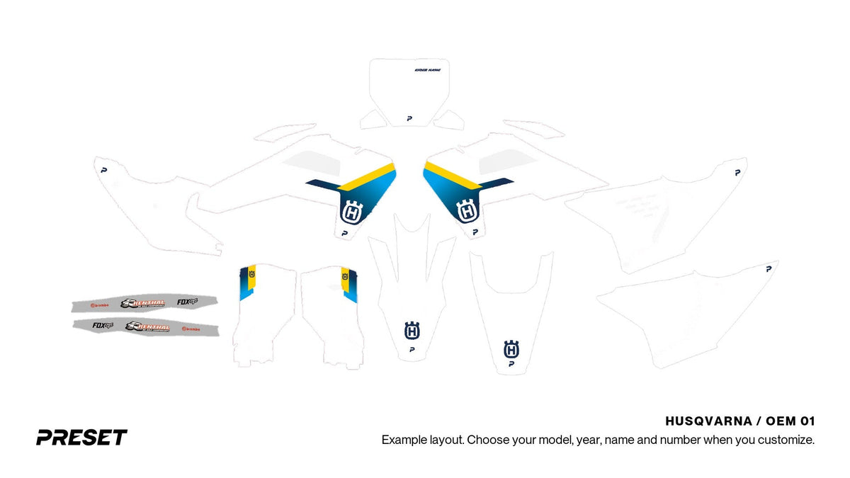 Preset Husqvarna OEM 01 dirt bike graphics laid out flat on the FC 450 layout