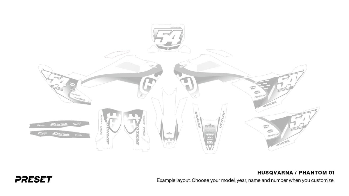 Preset Husqvarna Phantom 01 dirt bike graphics laid out flat on the FC 450 layout