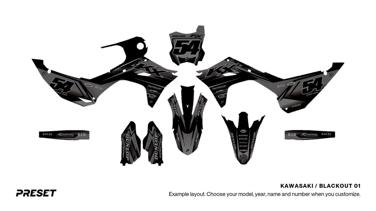 Preset Kawasaki Blackout 01 dirt bike graphics laid out flat on the KX450 layout