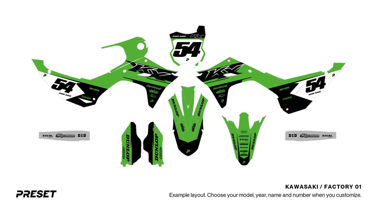 Preset Kawasaki Factory 01 dirt bike graphics laid out flat on the KX450 layout