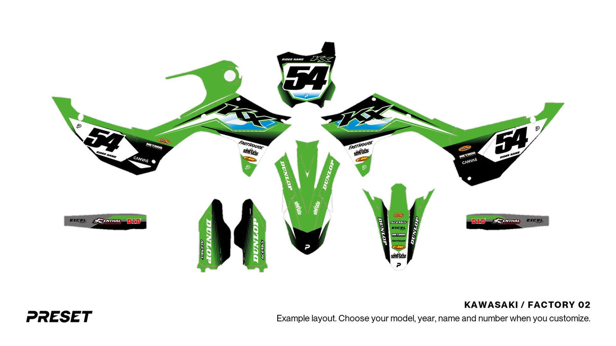 Preset Kawasaki Factory 02 dirt bike graphics laid out flat on the KX450 layout