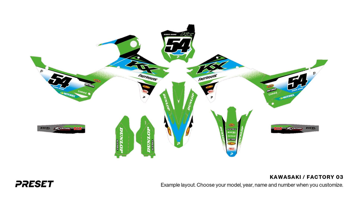 Preset Kawasaki Factory 03 dirt bike graphics laid out flat on the KX450 layout