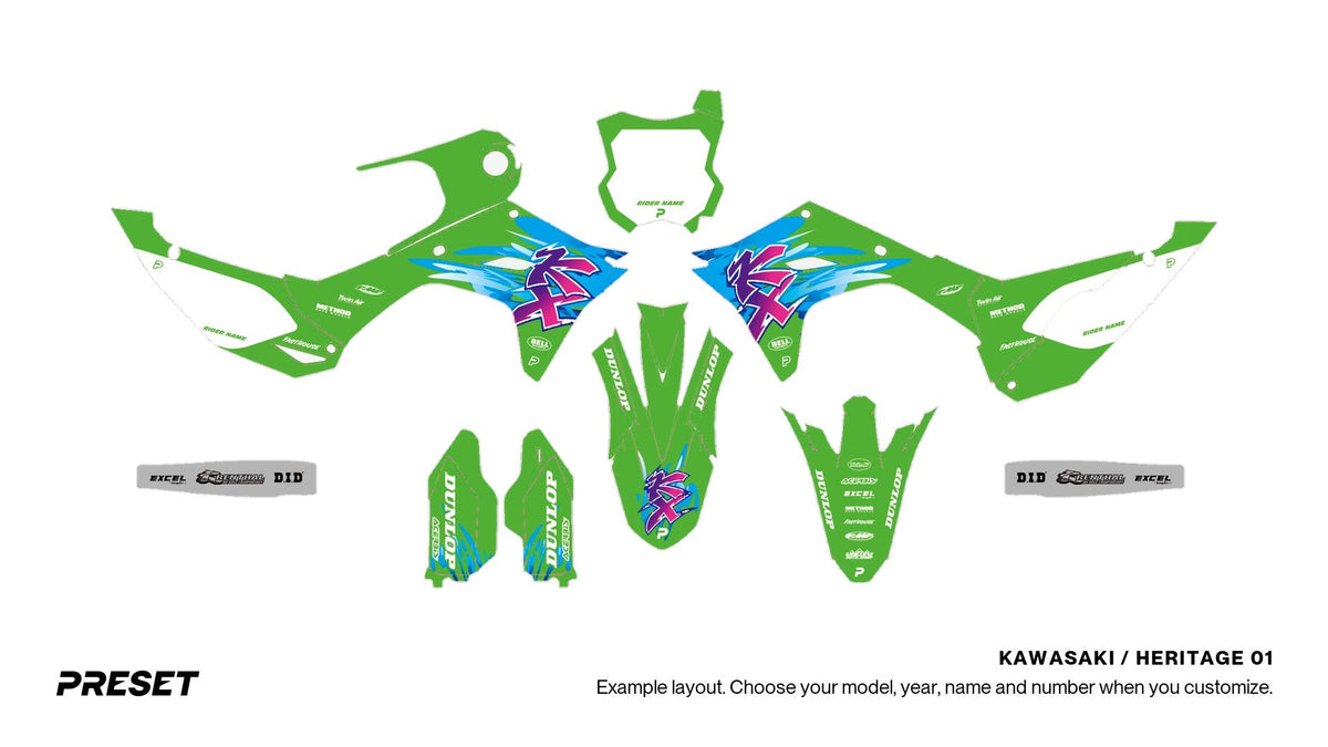 Preset Kawasaki Heritage 01 dirt bike graphics laid out flat on the KX450 layout