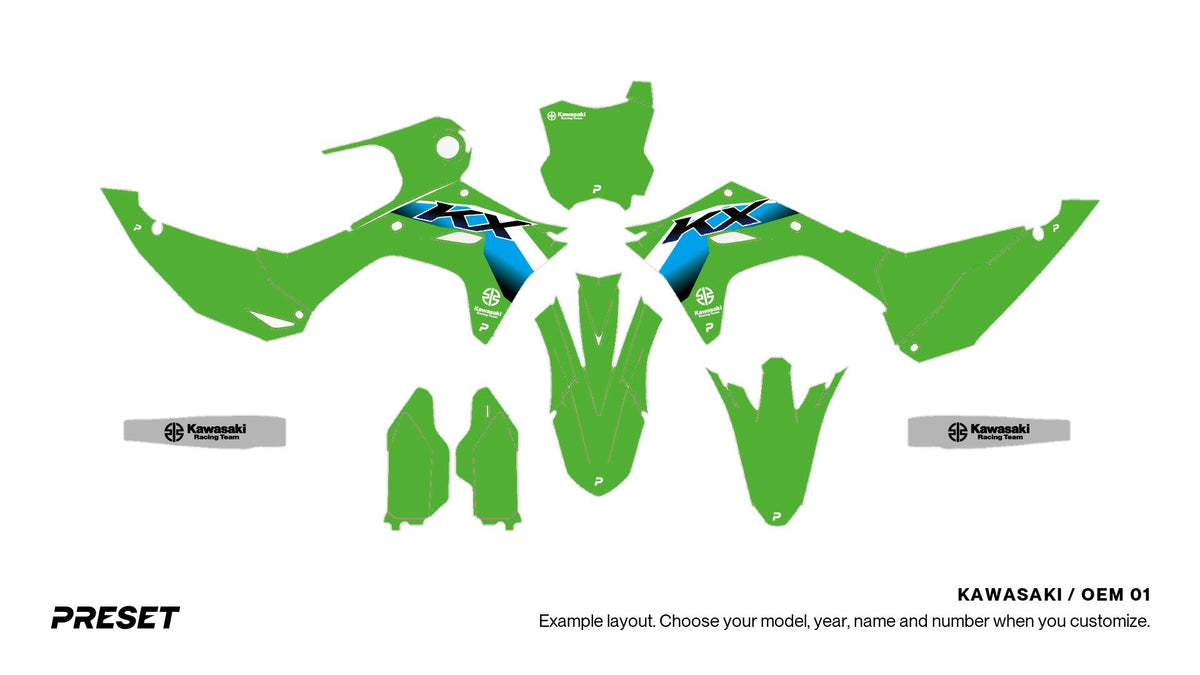Preset Kawasaki OEM 01 dirt bike graphics laid out flat on the KX450 layout