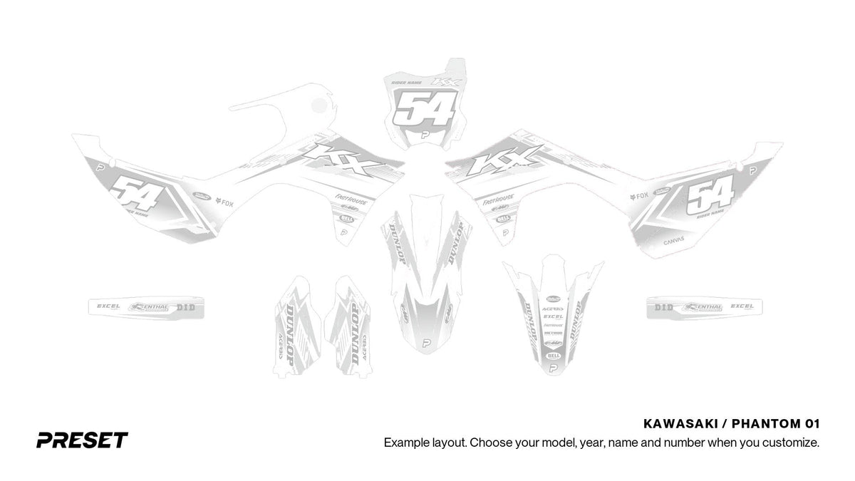 Preset Kawasaki Phantom 01 dirt bike graphics laid out flat on the KX450 layout