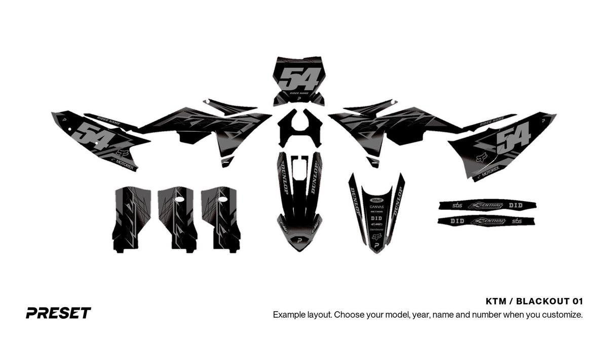 Preset KTM Blackout 01 dirt bike graphics laid out flat on the 450 SX-F layout