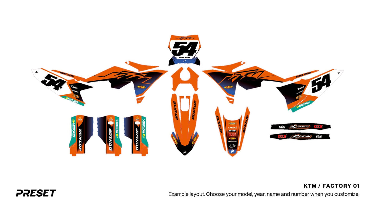 Preset KTM Factory 01 dirt bike graphics laid out flat on the 450 SX-F layout