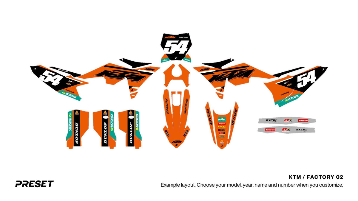 Preset KTM Factory 02 dirt bike graphics laid out flat on the 450 SX-F layout
