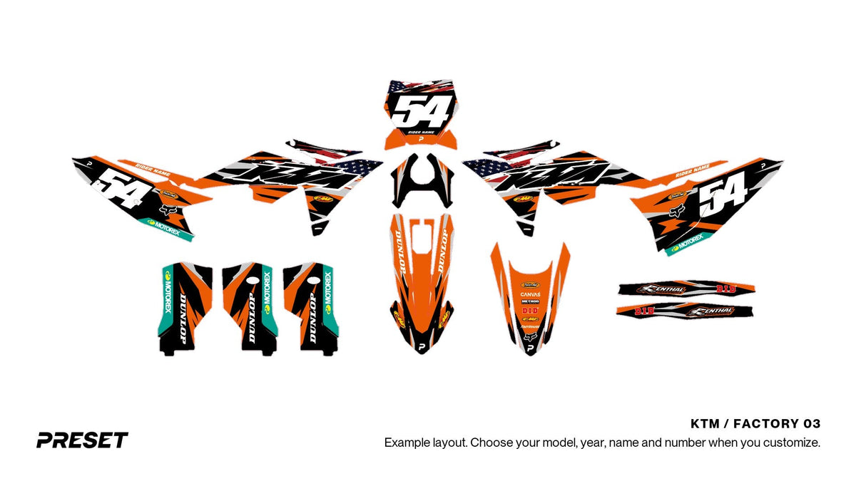 Preset KTM Factory 03 dirt bike graphics laid out flat on the 450 SX-F layout