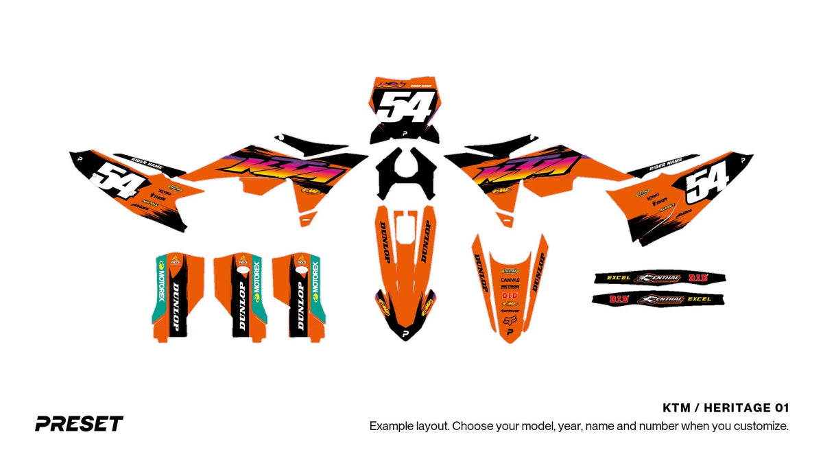 Preset KTM Heritage 01 dirt bike graphics laid out flat on the 450 SX-F layout