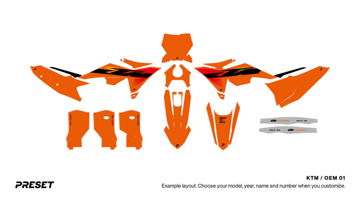 Preset KTM OEM 01 dirt bike graphics laid out flat on the 450 SX-F layout
