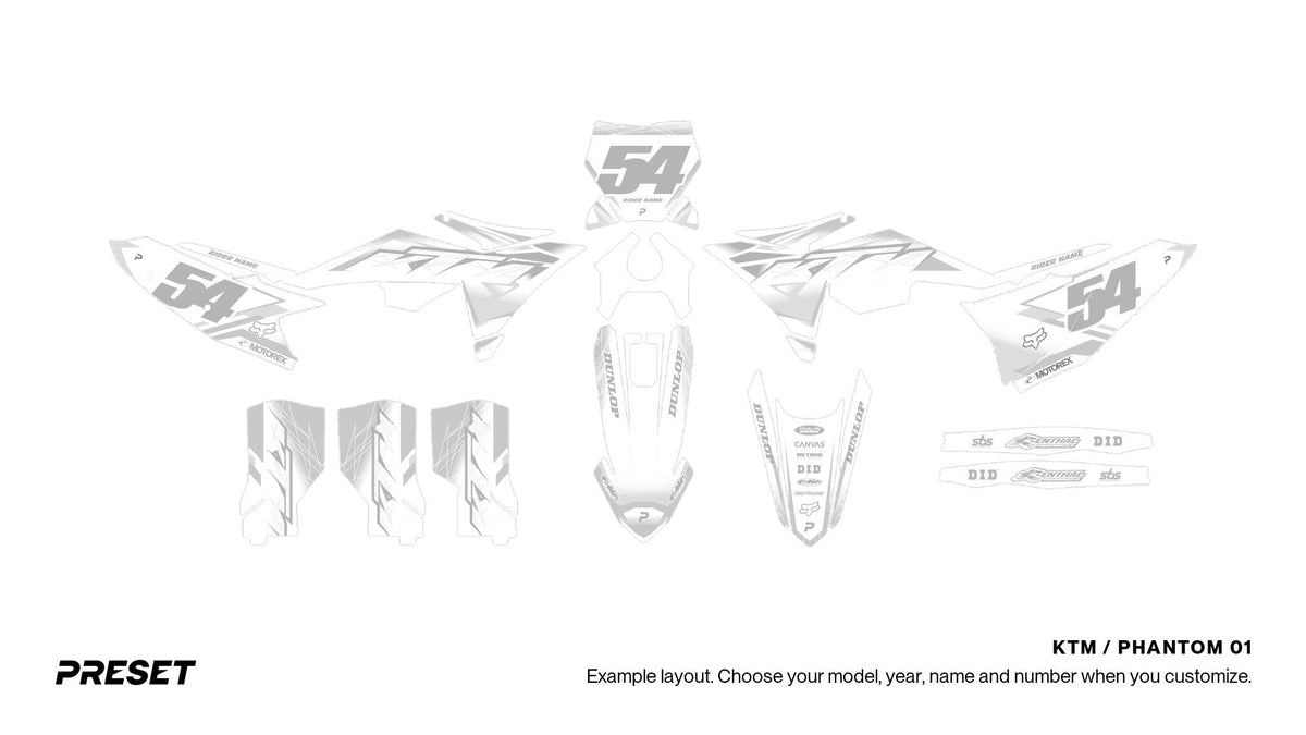 Preset KTM Phantom 01 dirt bike graphics laid out flat on the 450 SX-F layout