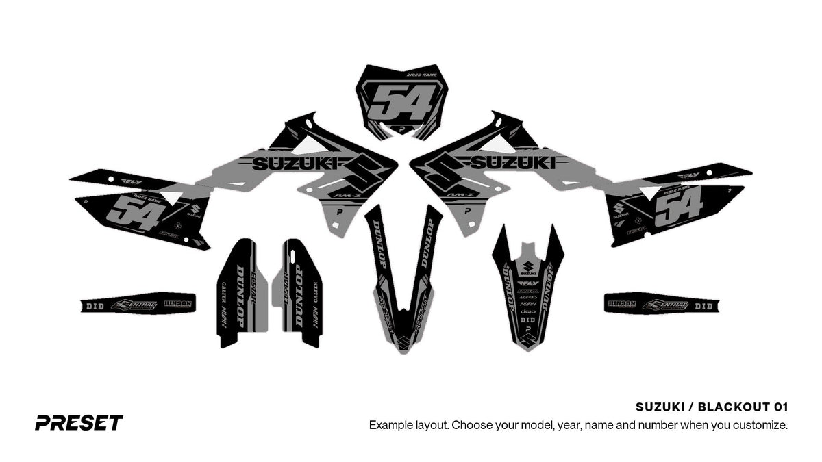 Preset Suzuki Blackout 01 dirt bike graphics laid out flat on the RM-Z450 layout