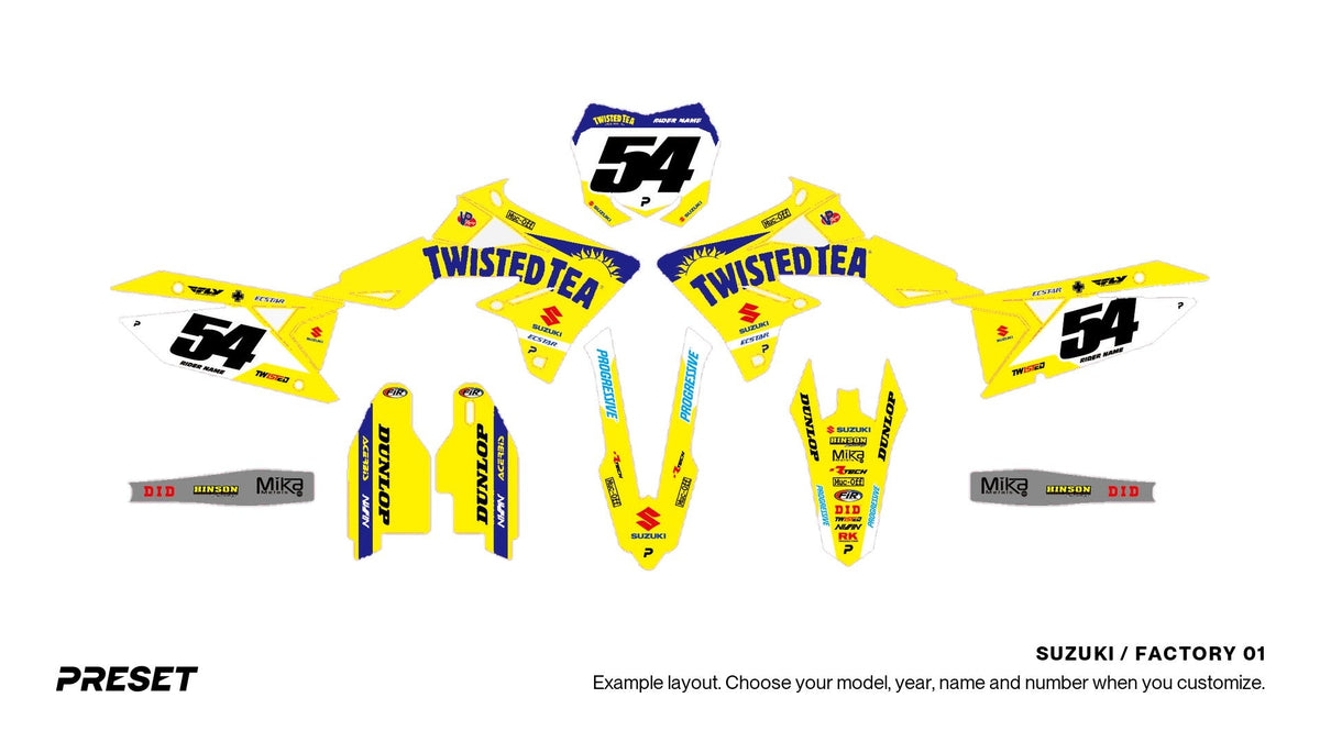 Preset Suzuki Factory 01 dirt bike graphics laid out flat on the RM-Z450 layout