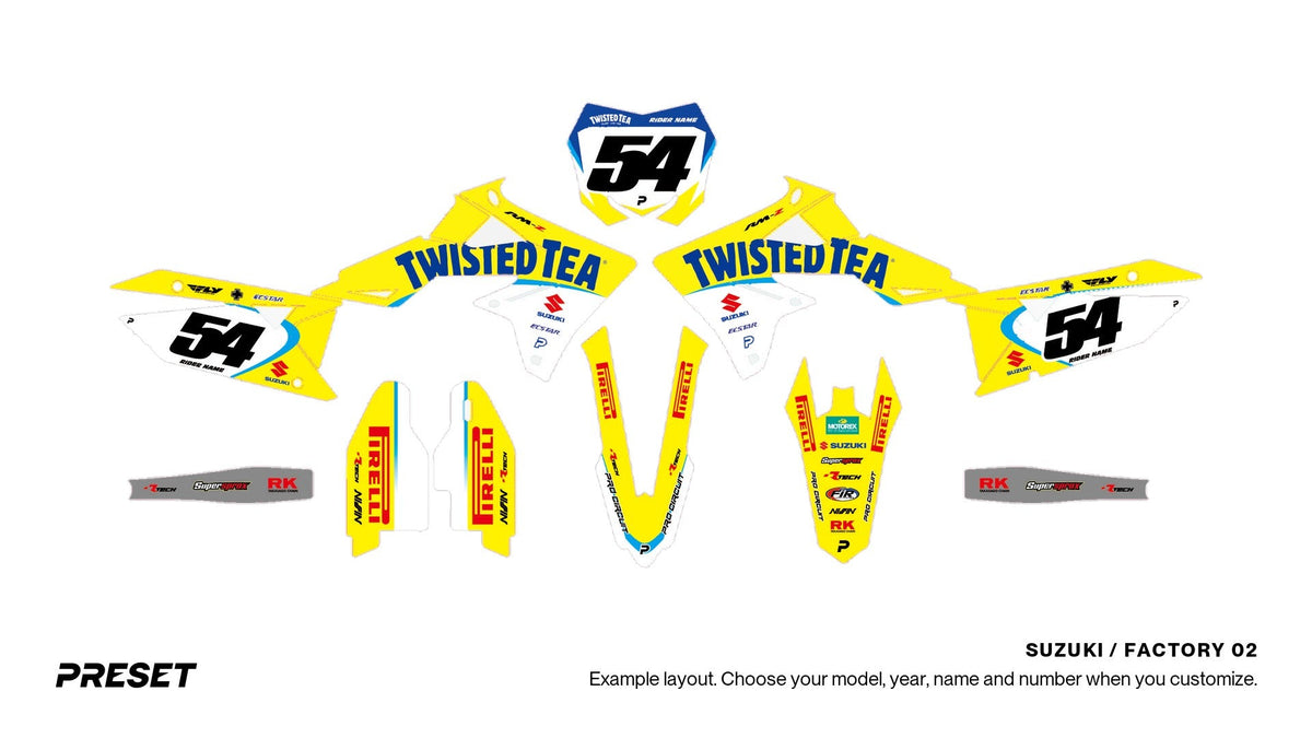 Preset Suzuki Factory 02 dirt bike graphics laid out flat on the RM-Z450 layout