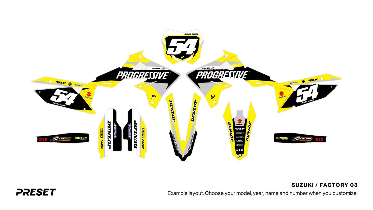Preset Suzuki Factory 03 dirt bike graphics laid out flat on the RM-Z450 layout