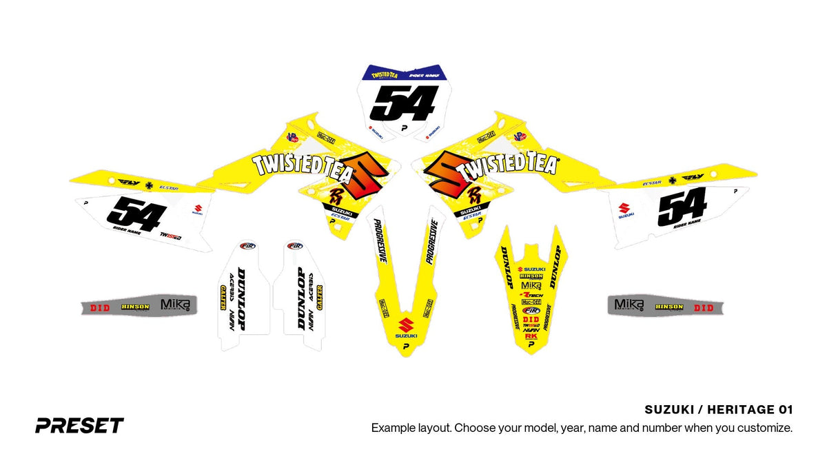 Preset Suzuki Heritage 01 dirt bike graphics laid out flat on the RM-Z450 layout