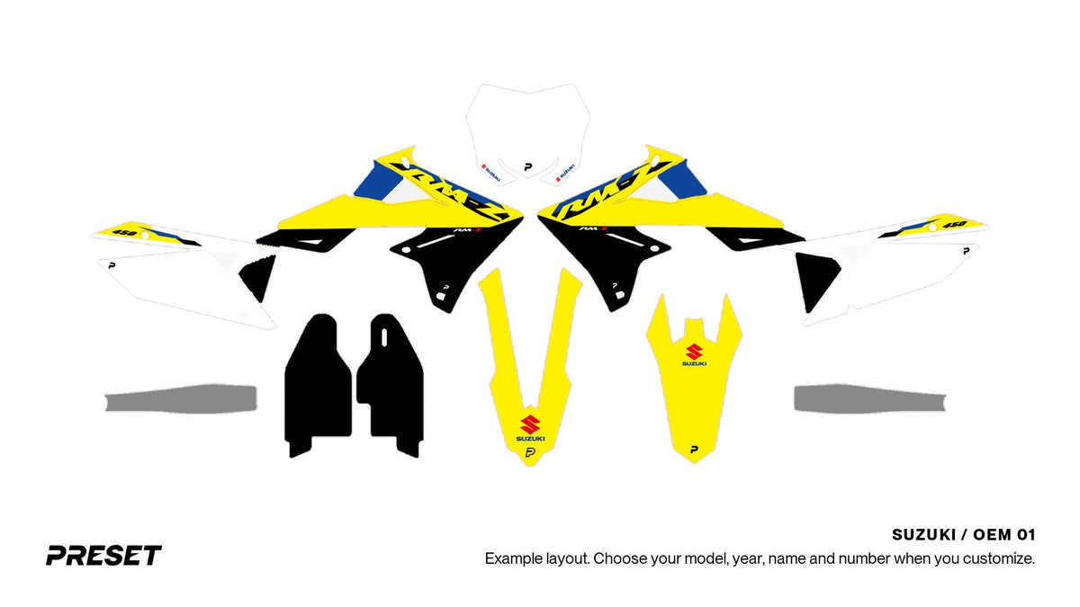Preset Suzuki OEM 01 dirt bike graphics laid out flat on the RM-Z450 layout