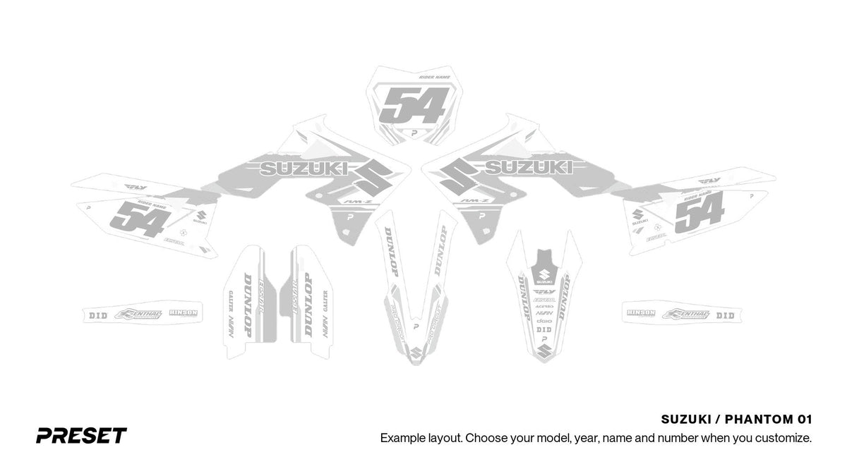Preset Suzuki Phantom 01 dirt bike graphics laid out flat on the RM-Z450 layout