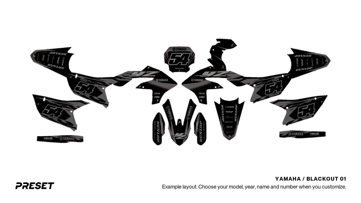 Preset Yamaha Blackout 01 dirt bike graphics laid out flat on the YZ450F layout
