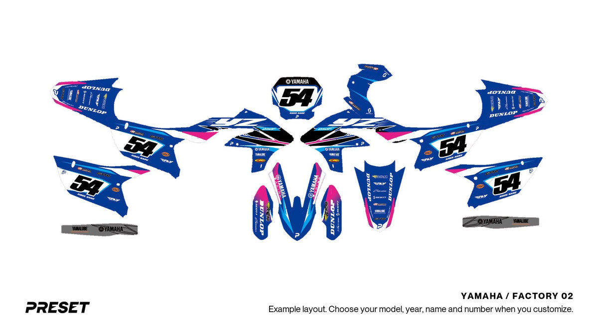 Preset Yamaha Factory 02 dirt bike graphics laid out flat on the YZ450F layout