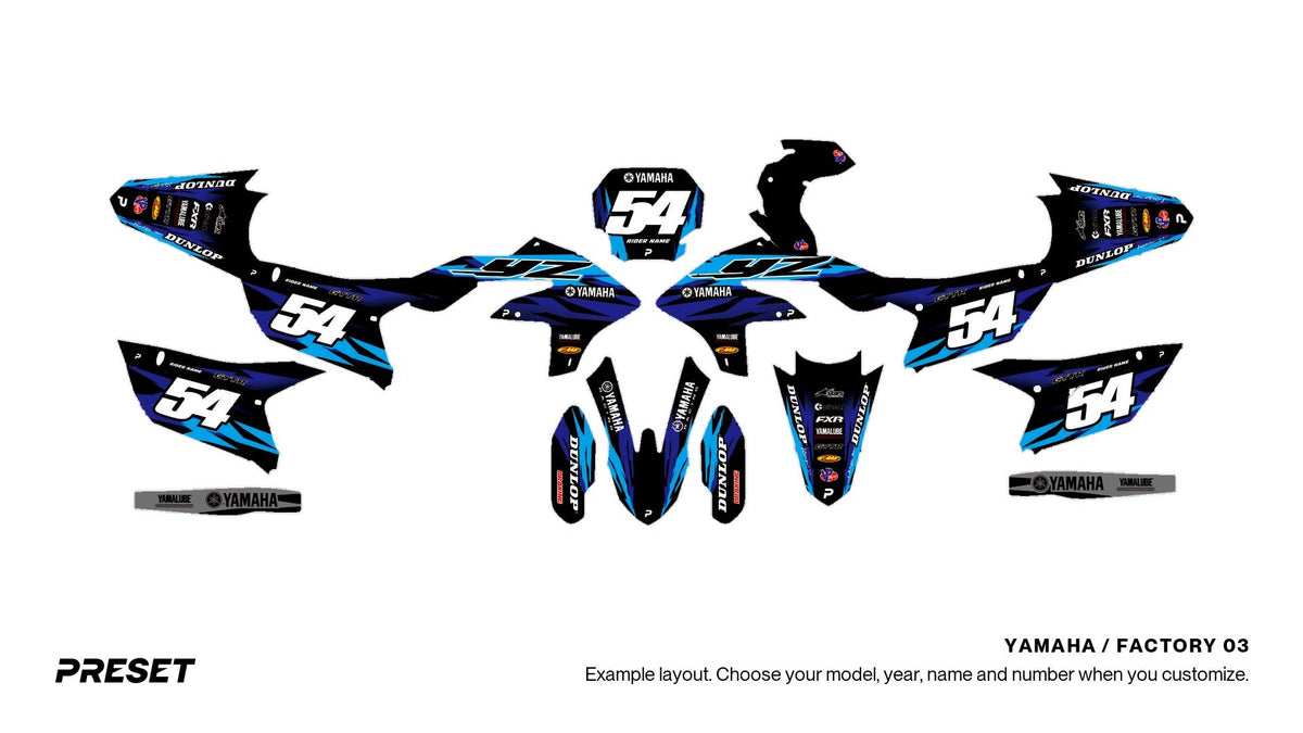 Preset Yamaha Factory 03 dirt bike graphics laid out flat on the YZ450F layout