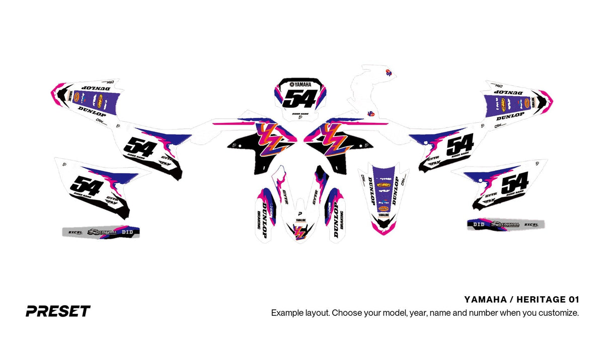 Preset Yamaha Heritage 01 dirt bike graphics laid out flat on the YZ450F layout