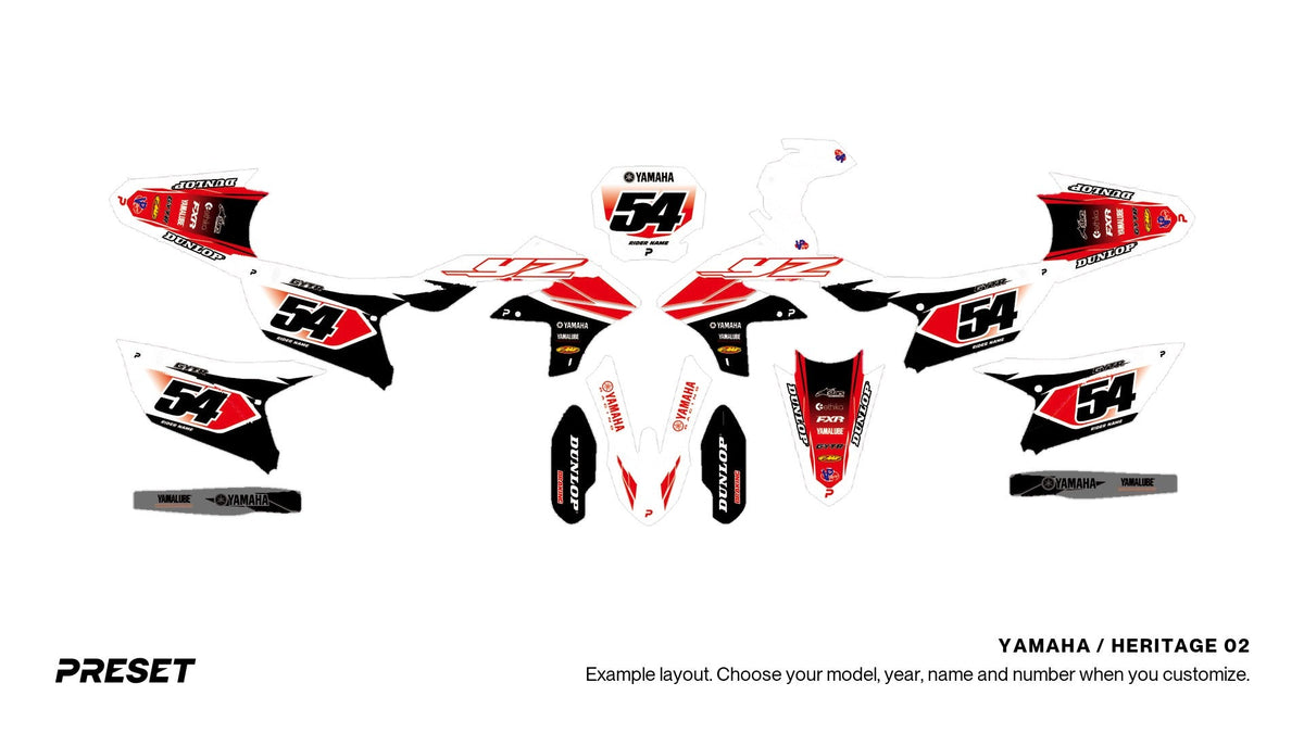 Preset Yamaha Heritage 02 dirt bike graphics laid out flat on the YZ450F layout
