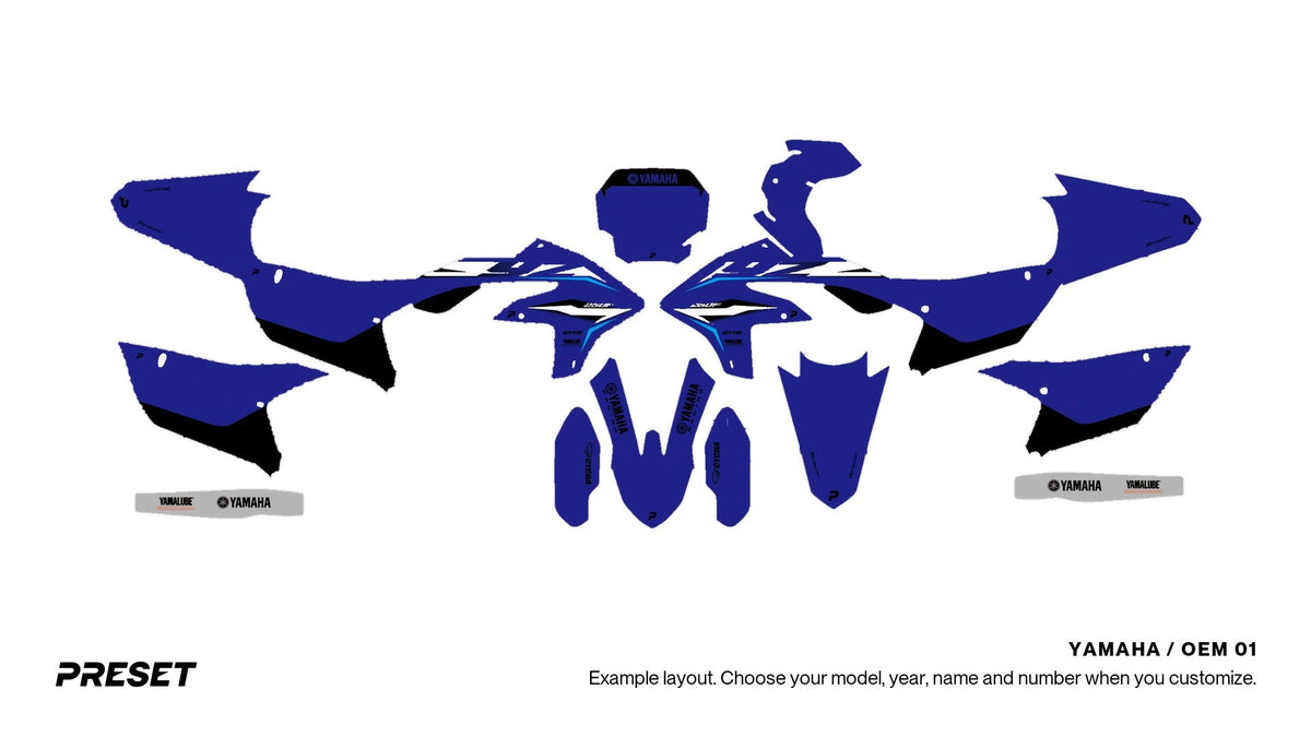 Preset Yamaha OEM 01 dirt bike graphics laid out flat on the YZ450F layout