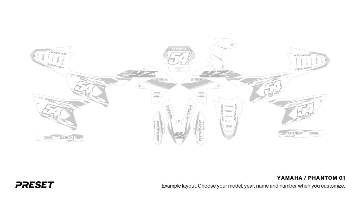 Preset Yamaha Phantom 01 dirt bike graphics laid out flat on the YZ450F layout