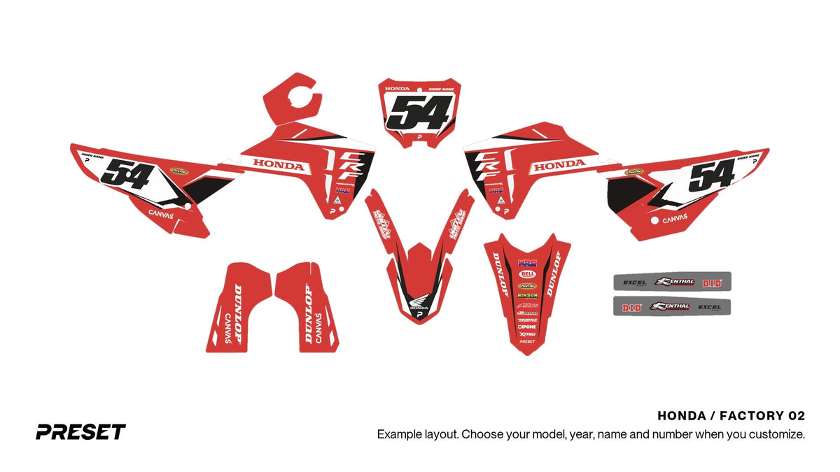 Preset Honda Factory 02 dirt bike graphics laid out flat on the CRF450R layout