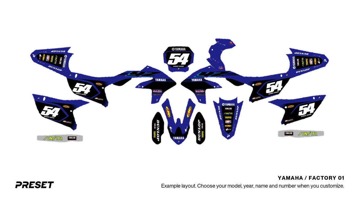 Preset Yamaha Factory 01 dirt bike graphics laid out flat on the YZ450F layout